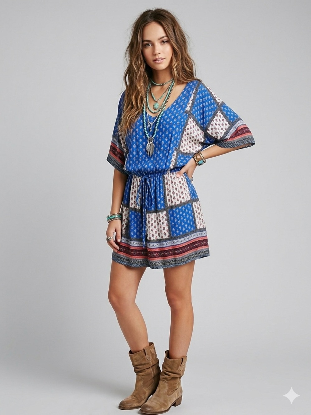American Eagle Outfitters Blue Patchwork Boho Mini Dress